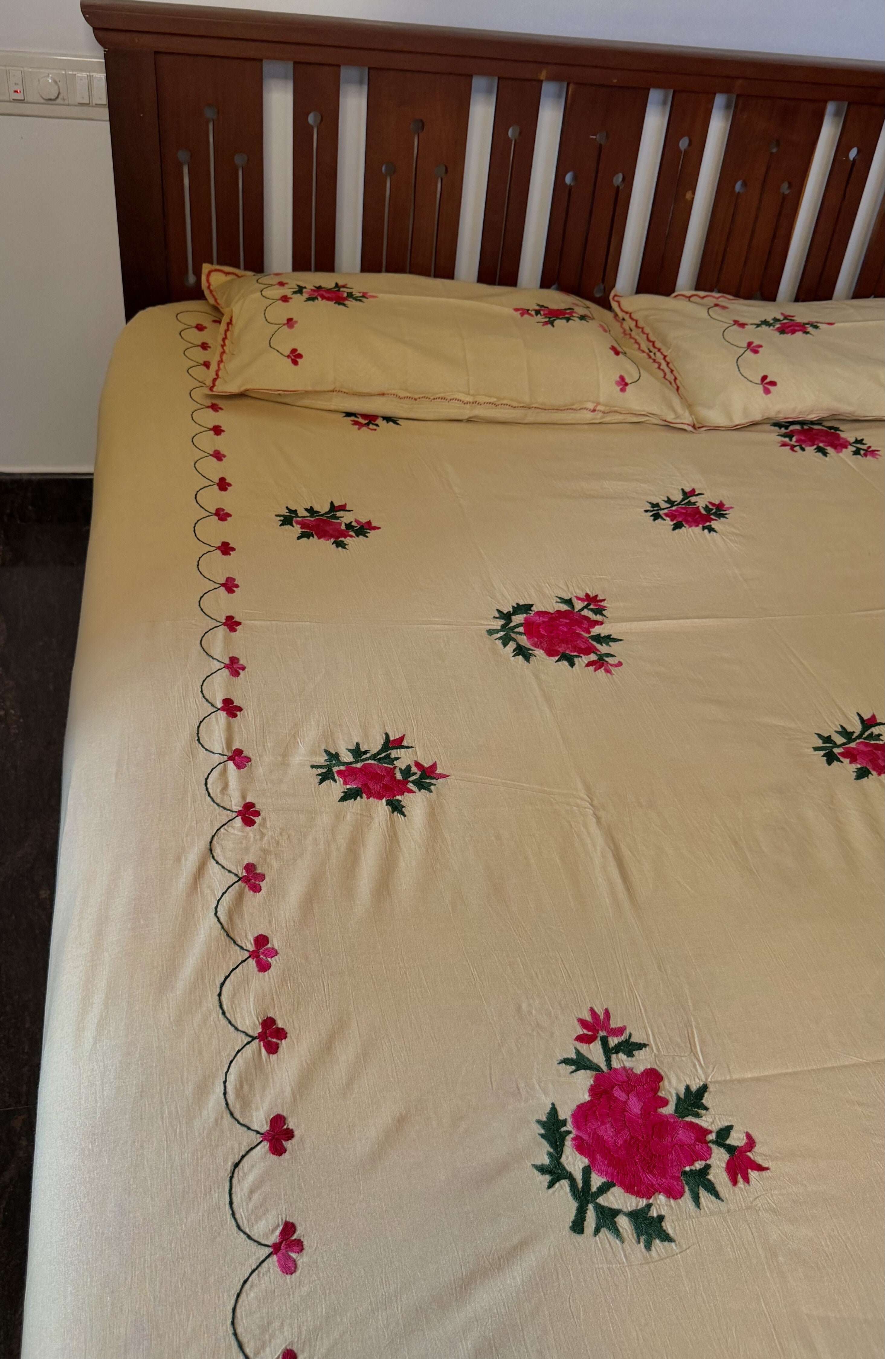 Beige Floral Embroidery King Size Bedsheet - Pure Cotton