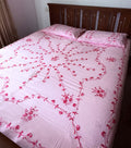 Pink Floral Hand-Embroidered Queen Size Bedsheet - Pure Cotton