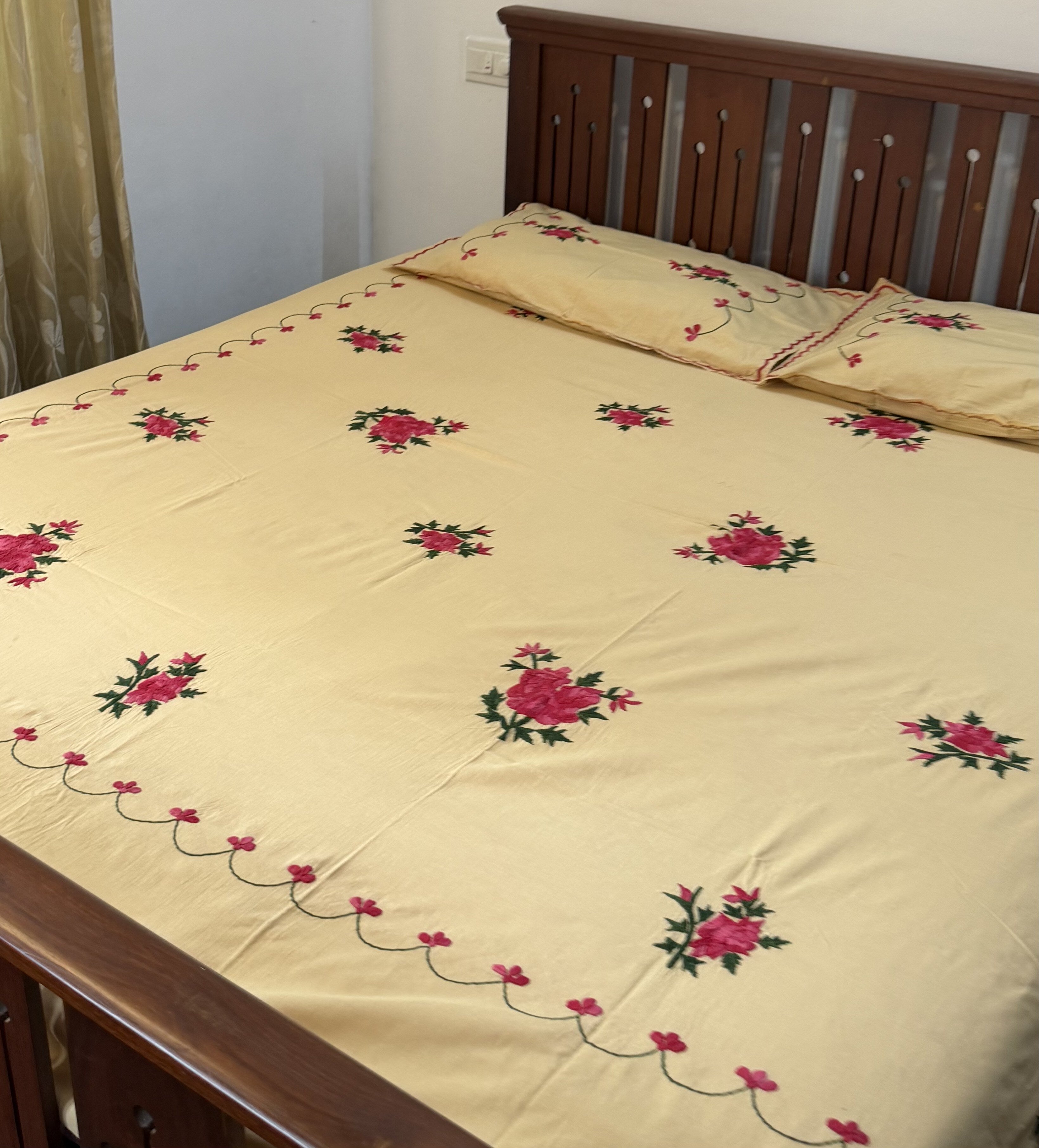 Beige Floral Embroidery King Size Bedsheet - Pure Cotton
