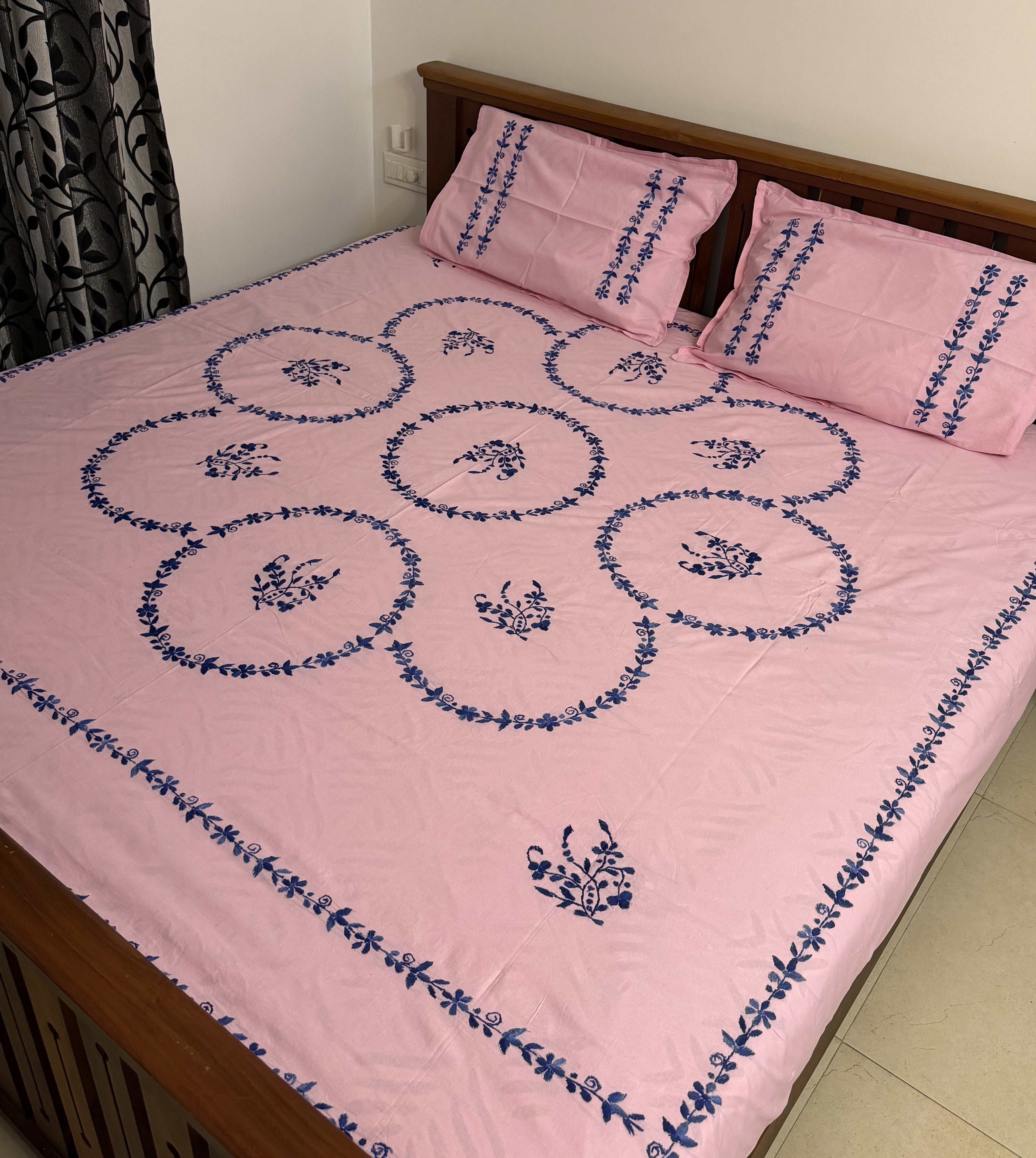 Blue on Pink Kolkata Hand Embroidery King Size Bedsheet - Pure Cotton - 108 x 108 inches