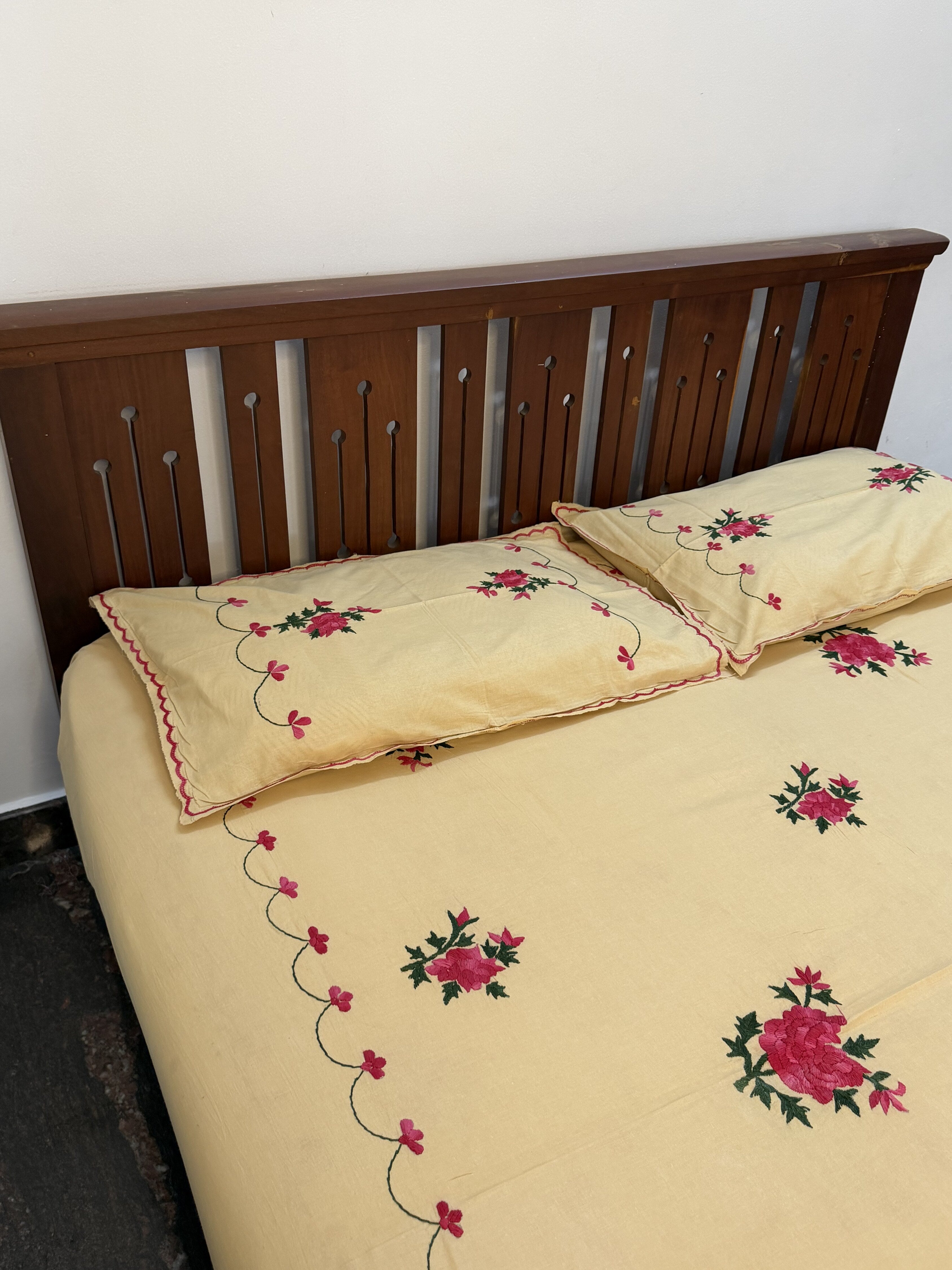 Beige Floral Embroidery King Size Bedsheet - Pure Cotton