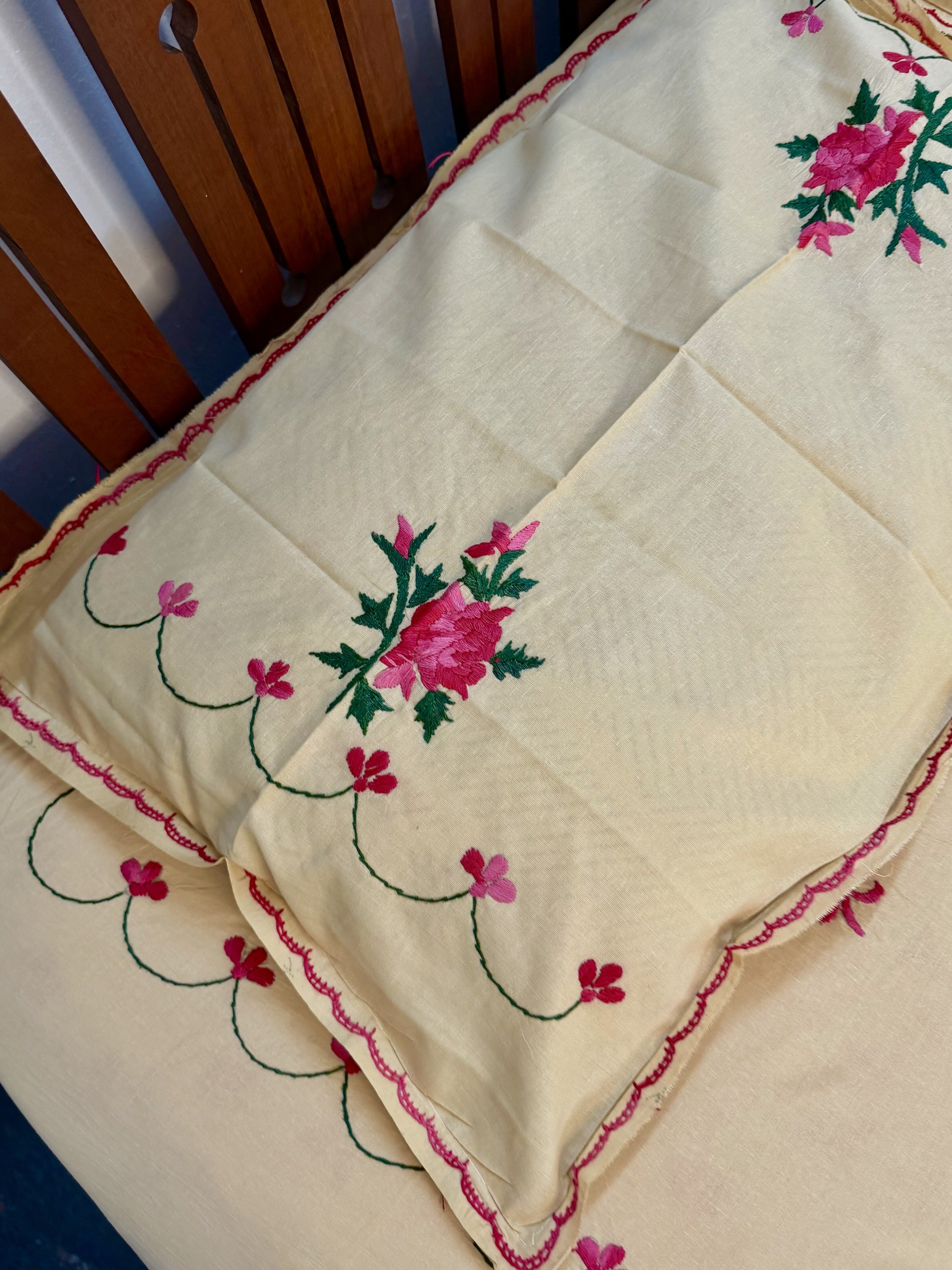 Beige Floral Embroidery King Size Bedsheet - Pure Cotton