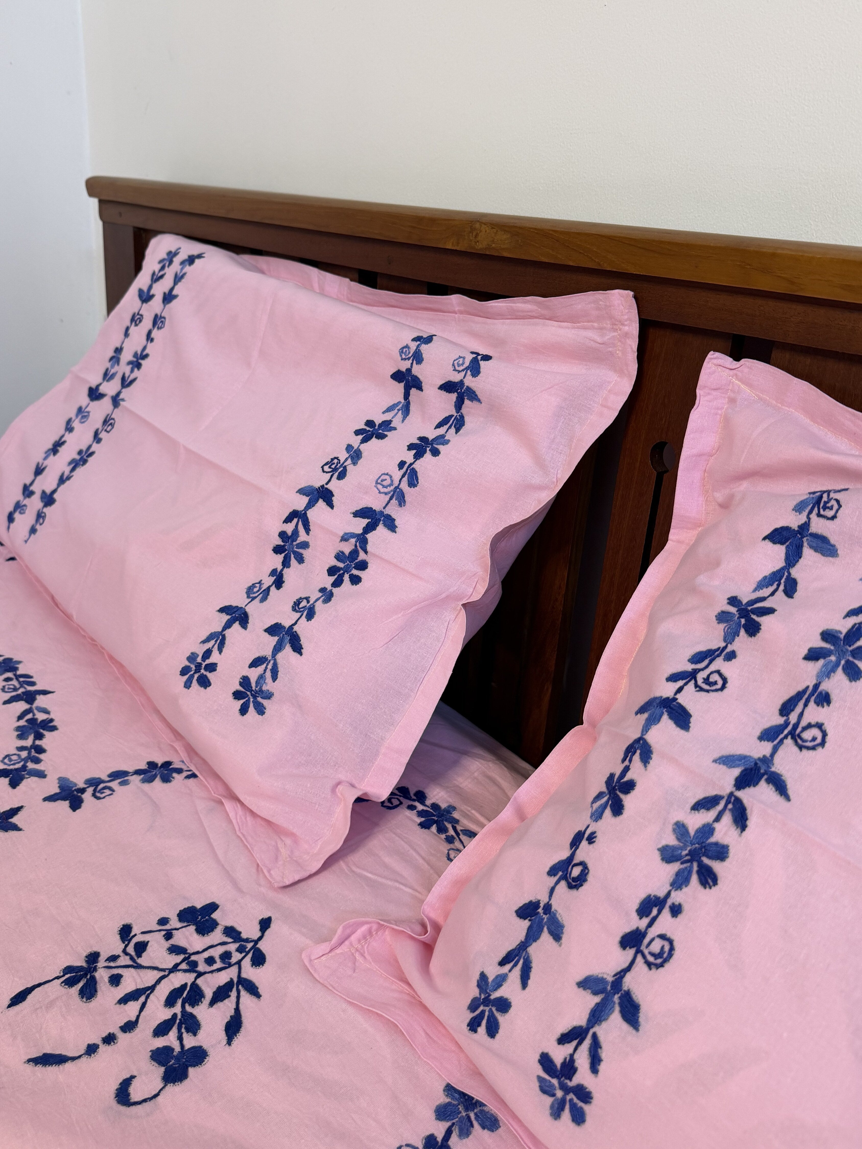 Blue on Pink Kolkata Hand Embroidery King Size Bedsheet - Pure Cotton - 108 x 108 inches