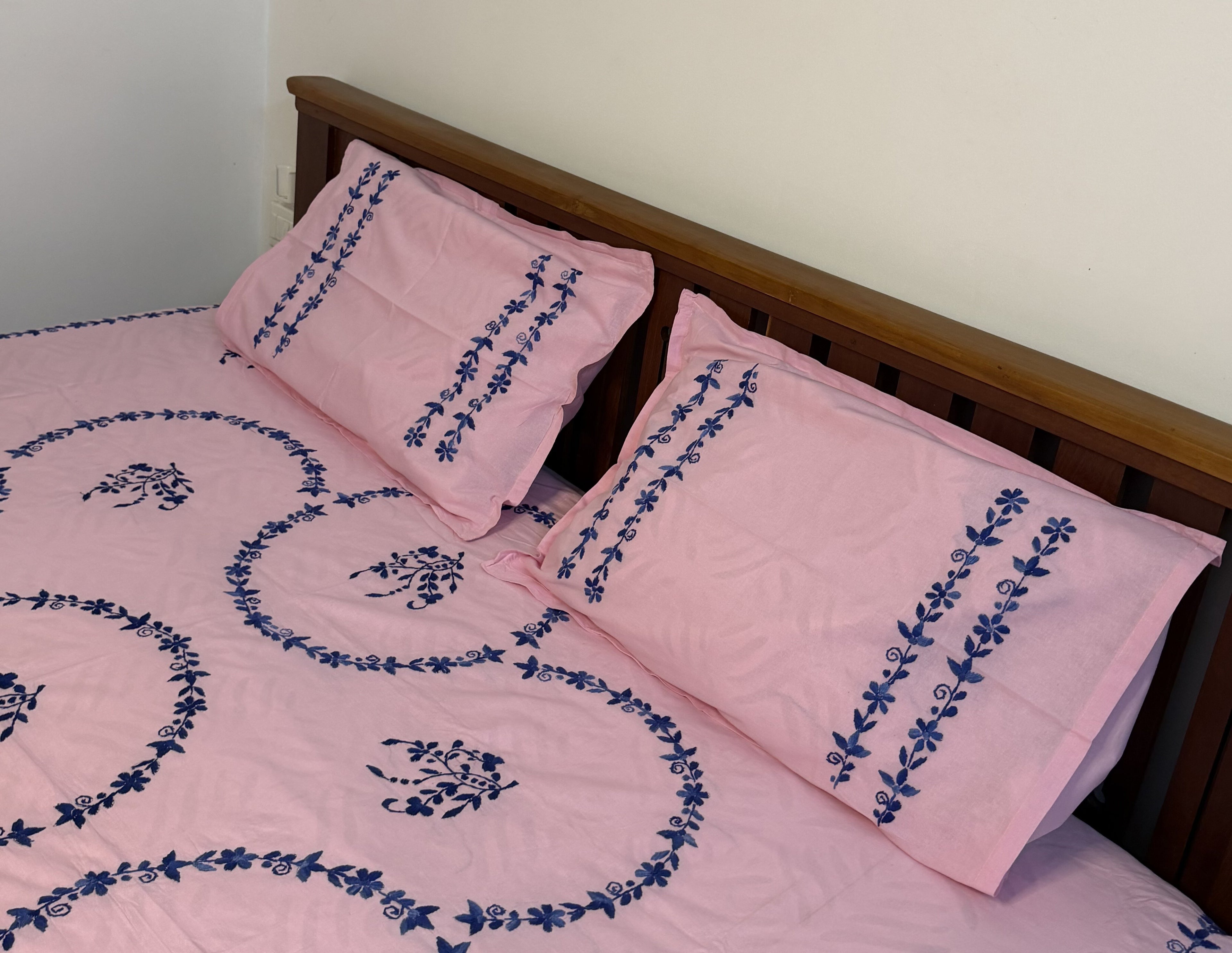 Blue on Pink Kolkata Hand Embroidery King Size Bedsheet - Pure Cotton - 108 x 108 inches