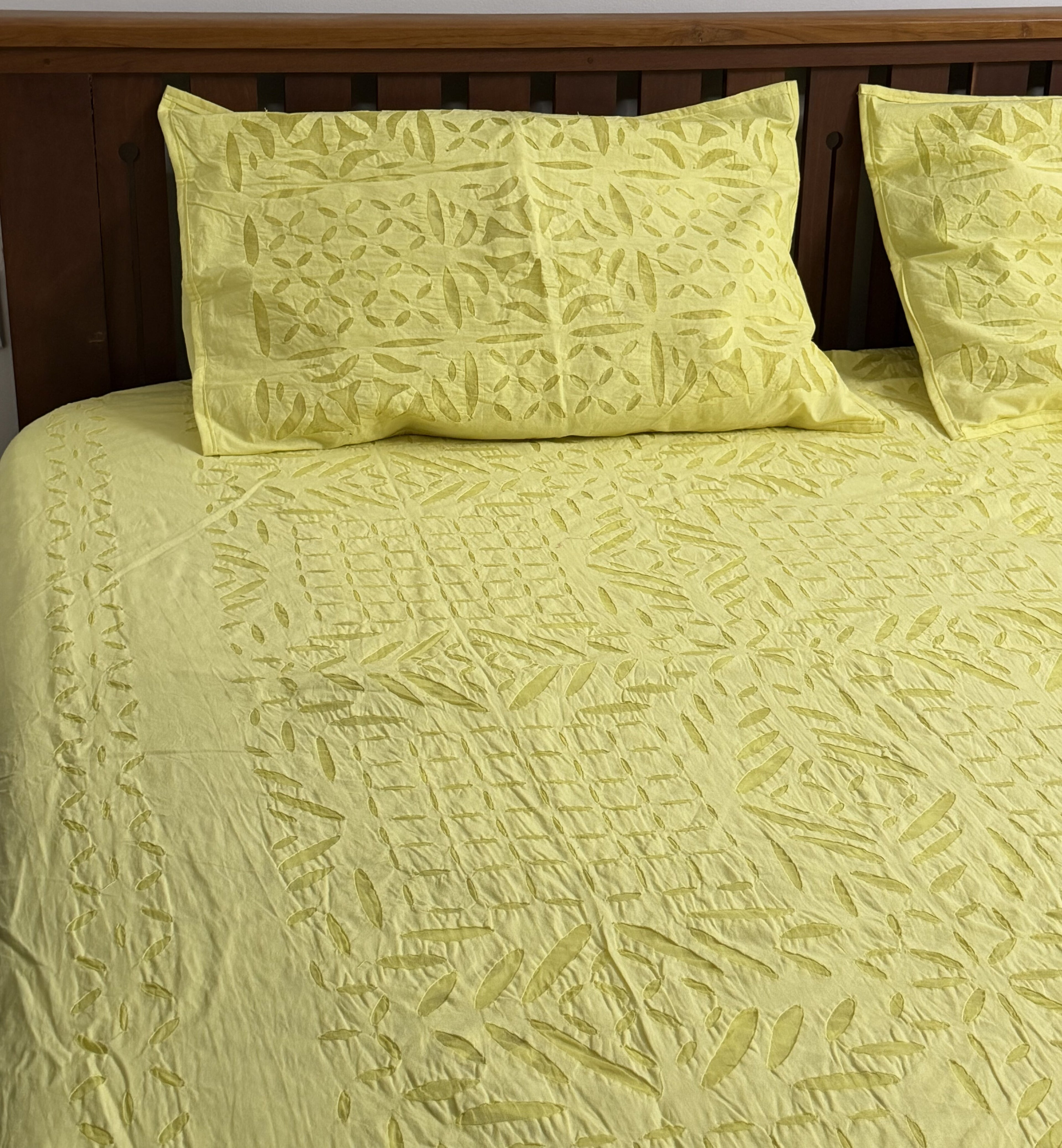 Yellow Appliqué Queen Size Bedsheet – Pure Cotton - 90 x 108 inches