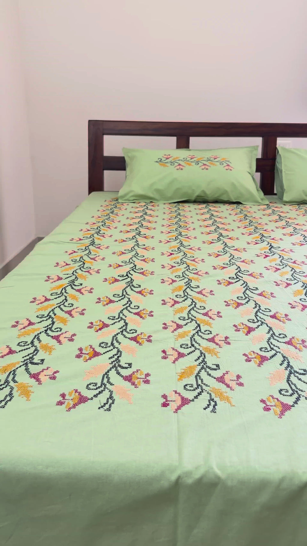 Green Cross-Stitch Queen Size Bedsheet - Pure Cotton - 90 x 108 inches