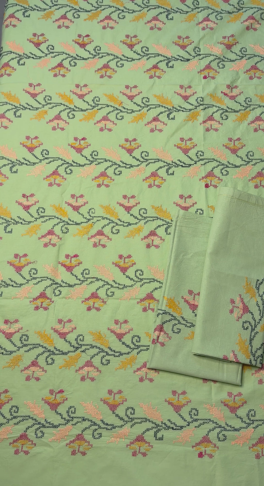 Green Cross-Stitch Queen Size Bedsheet - Pure Cotton - 90 x 108 inches