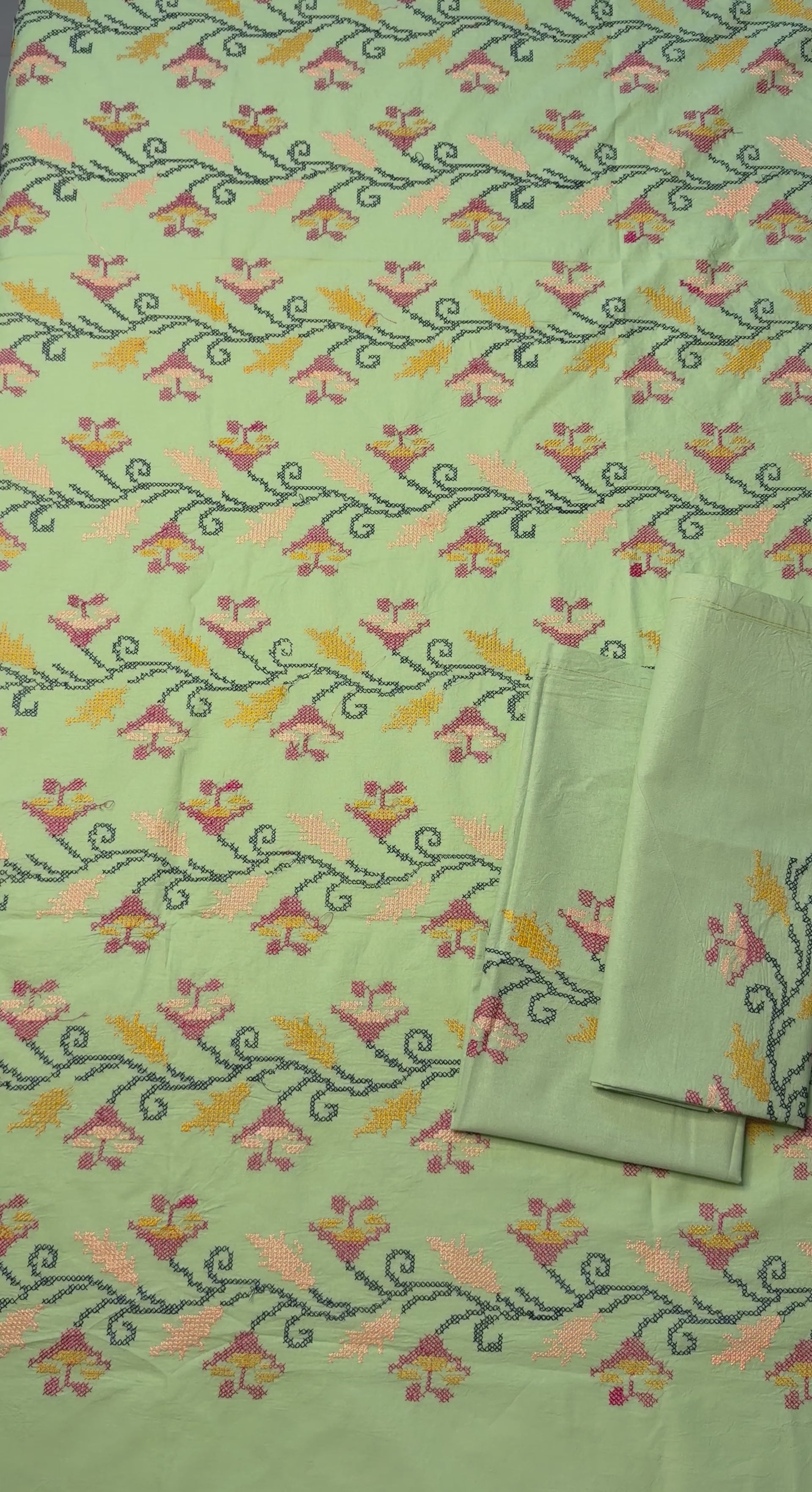 Green Cross-Stitch Queen Size Bedsheet - Pure Cotton - 90 x 108 inches