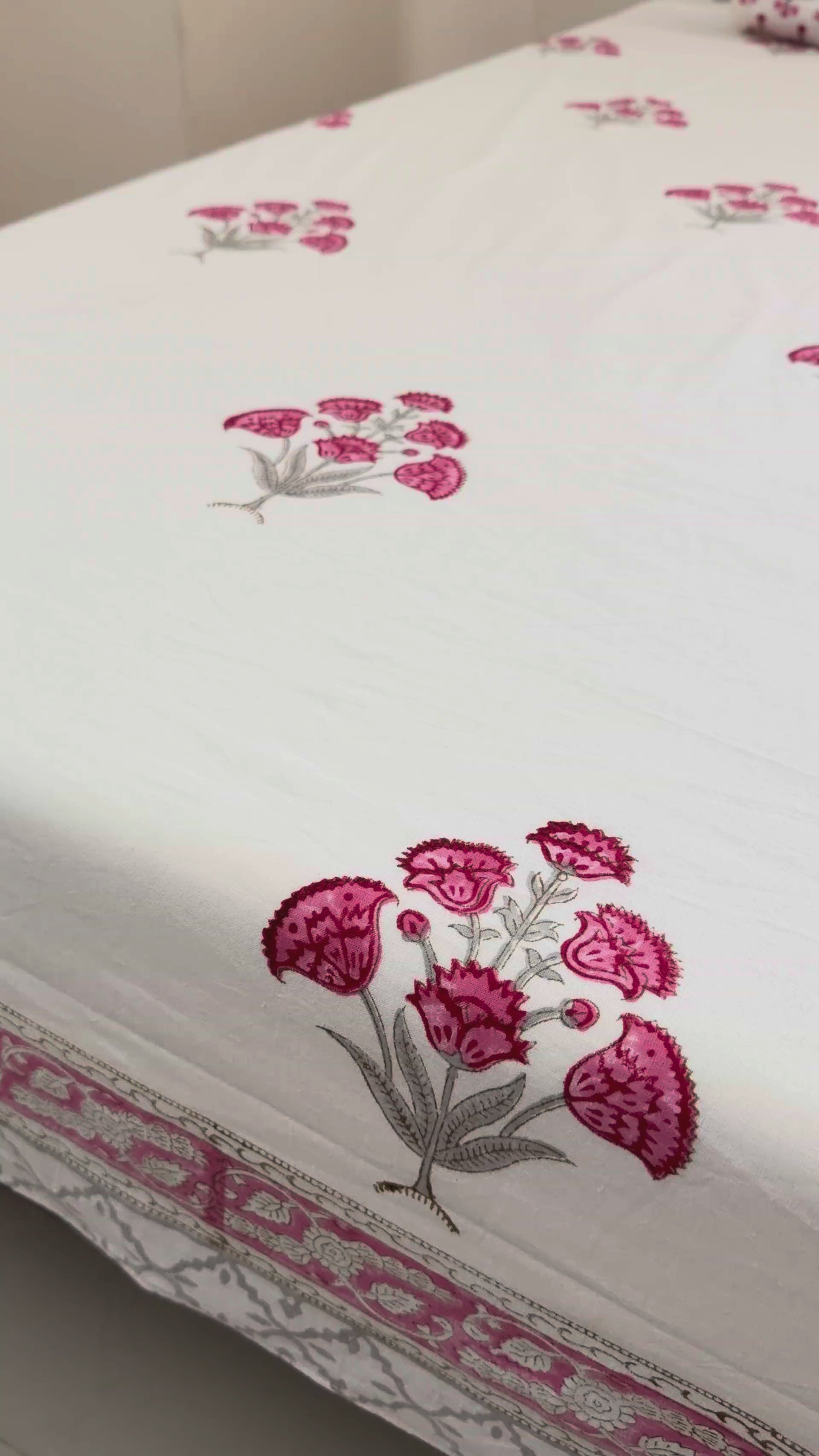 Pink Floral Handblock Procion Print King Size Bedsheet - Pure Cotton - 108 x 108 inches