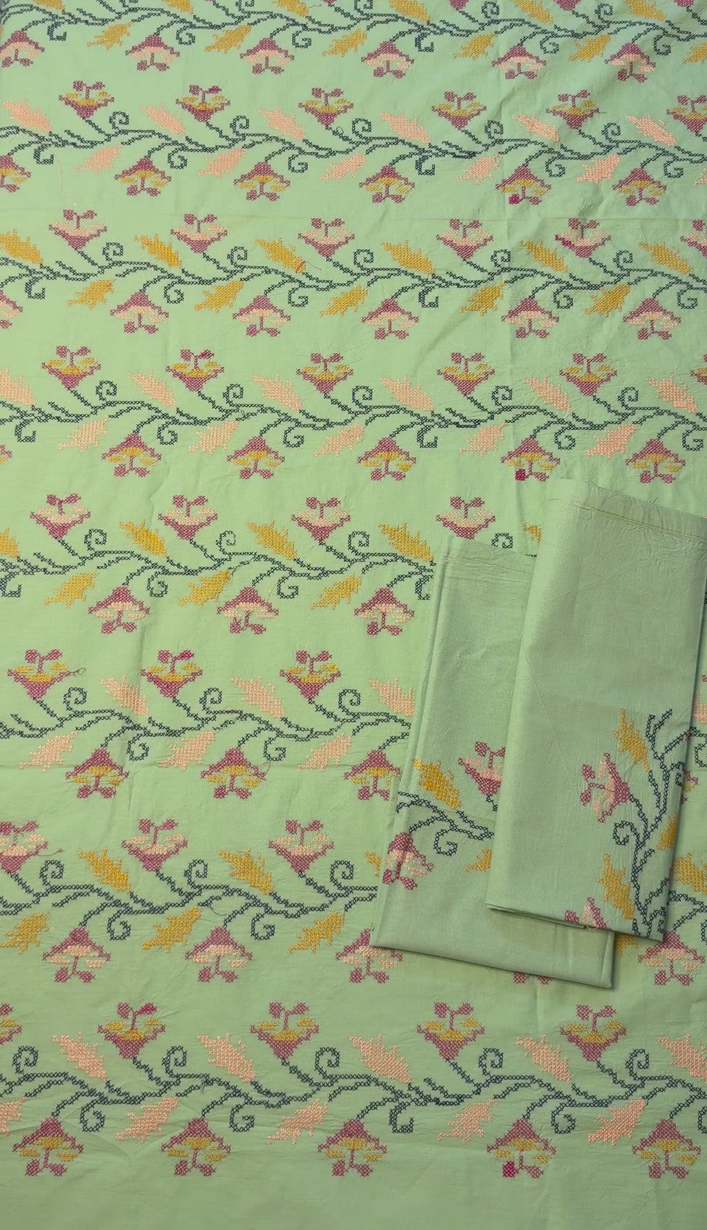 Green Cross-Stitch Queen Size Bedsheet - Pure Cotton - 90 x 108 inches