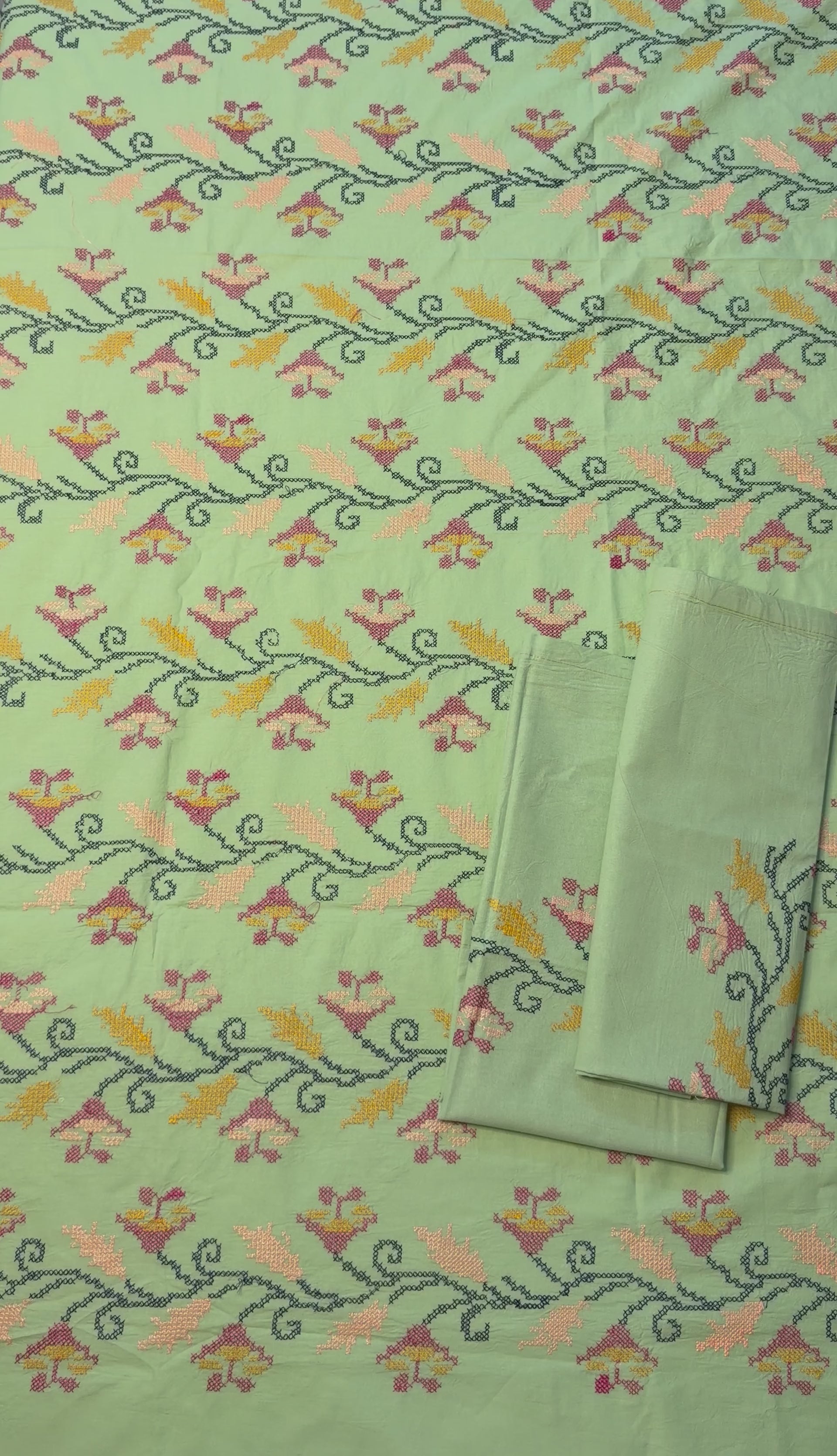 Green Cross-Stitch Queen Size Bedsheet - Pure Cotton - 90 x 108 inches