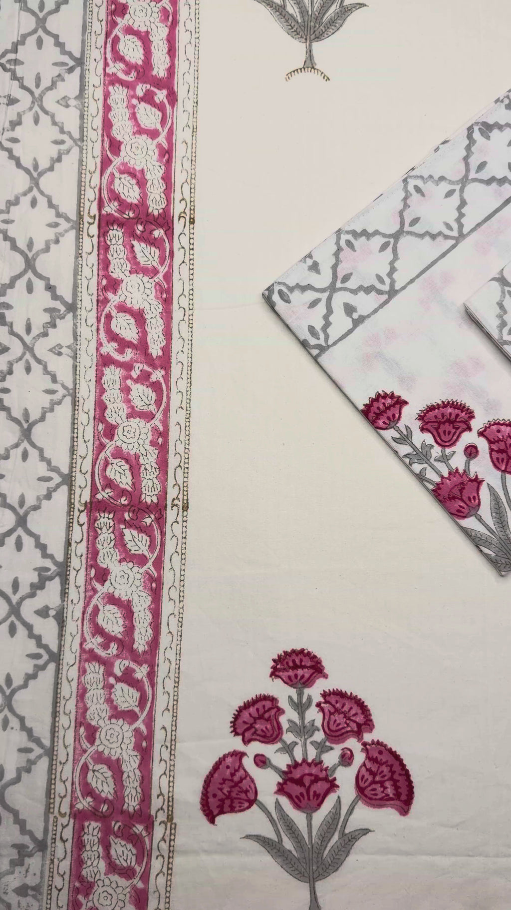 Pink Floral Handblock Procion Print King Size Bedsheet - Pure Cotton - 108 x 108 inches