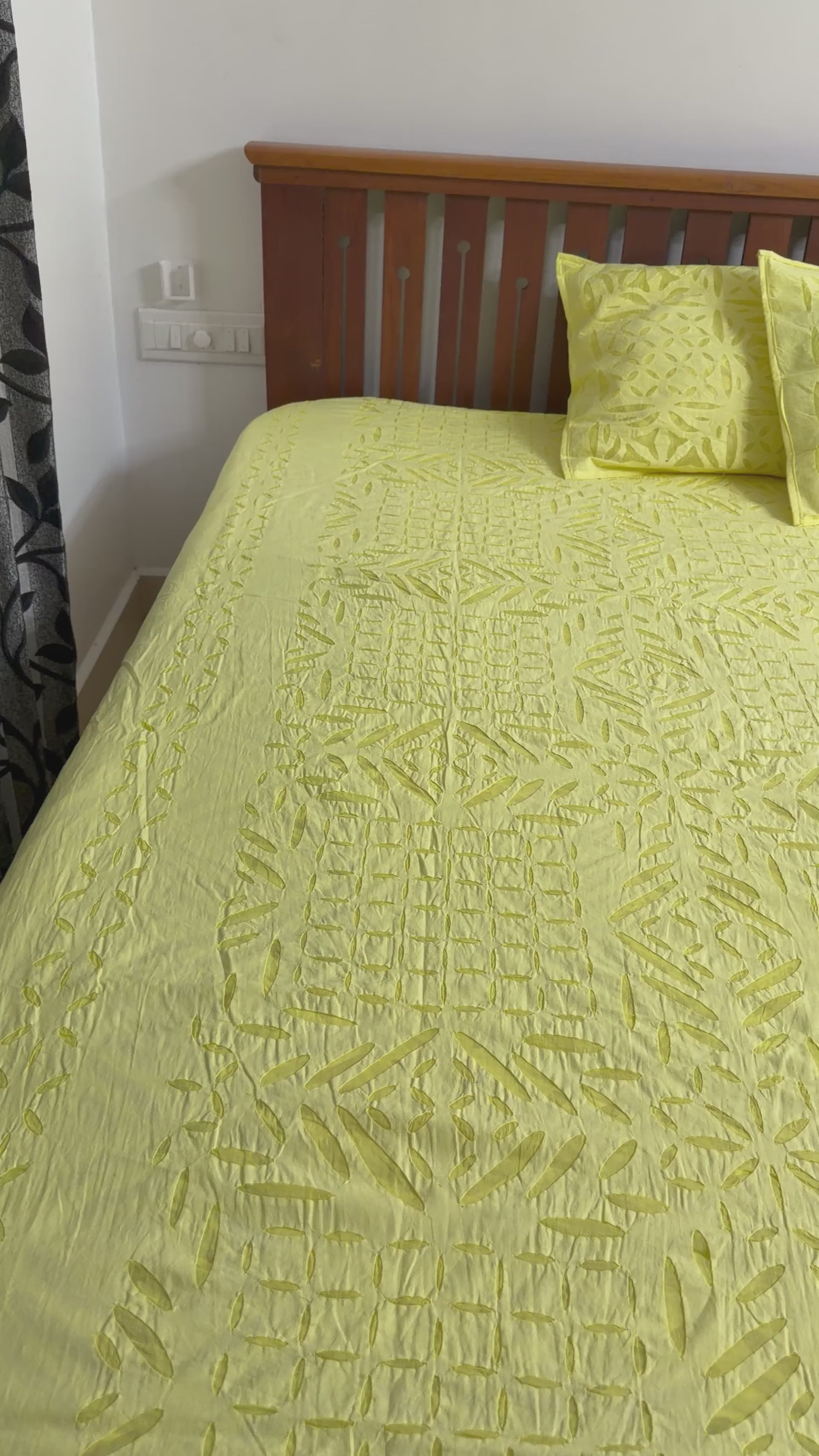 Yellow Appliqué Queen Size Bedsheet – Pure Cotton - 90 x 108 inches