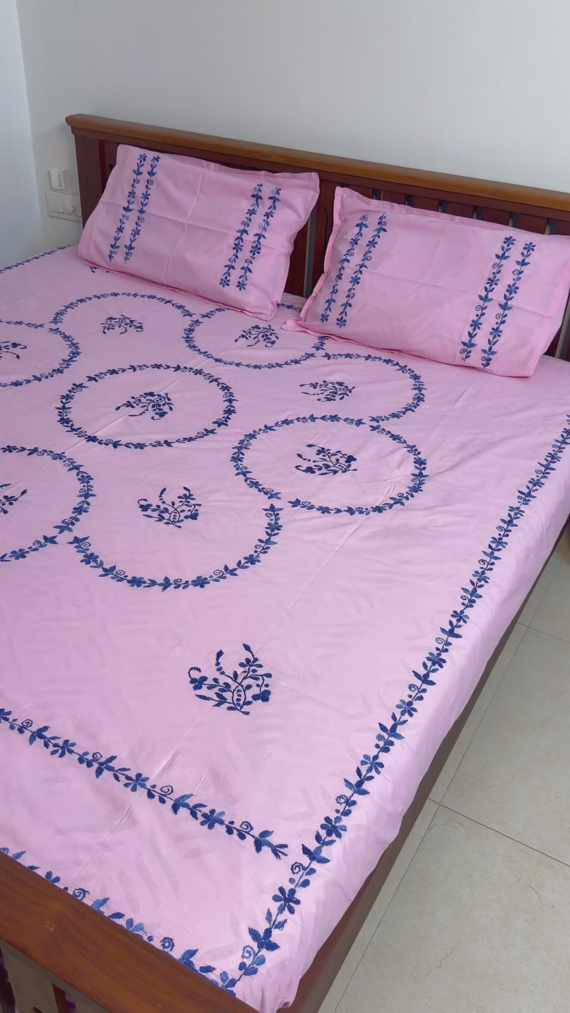 Blue on Pink Kolkata Hand Embroidery King Size Bedsheet - Pure Cotton - 108 x 108 inches