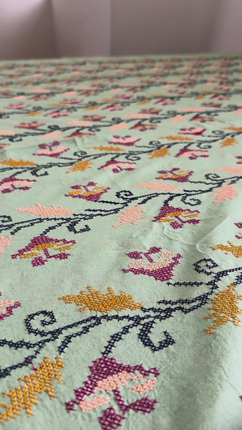 Green Cross-Stitch Queen Size Bedsheet - Pure Cotton - 90 x 108 inches