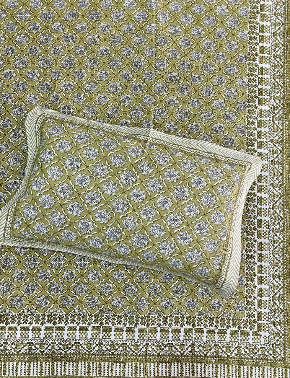 Full view of olive floral bedsheet
