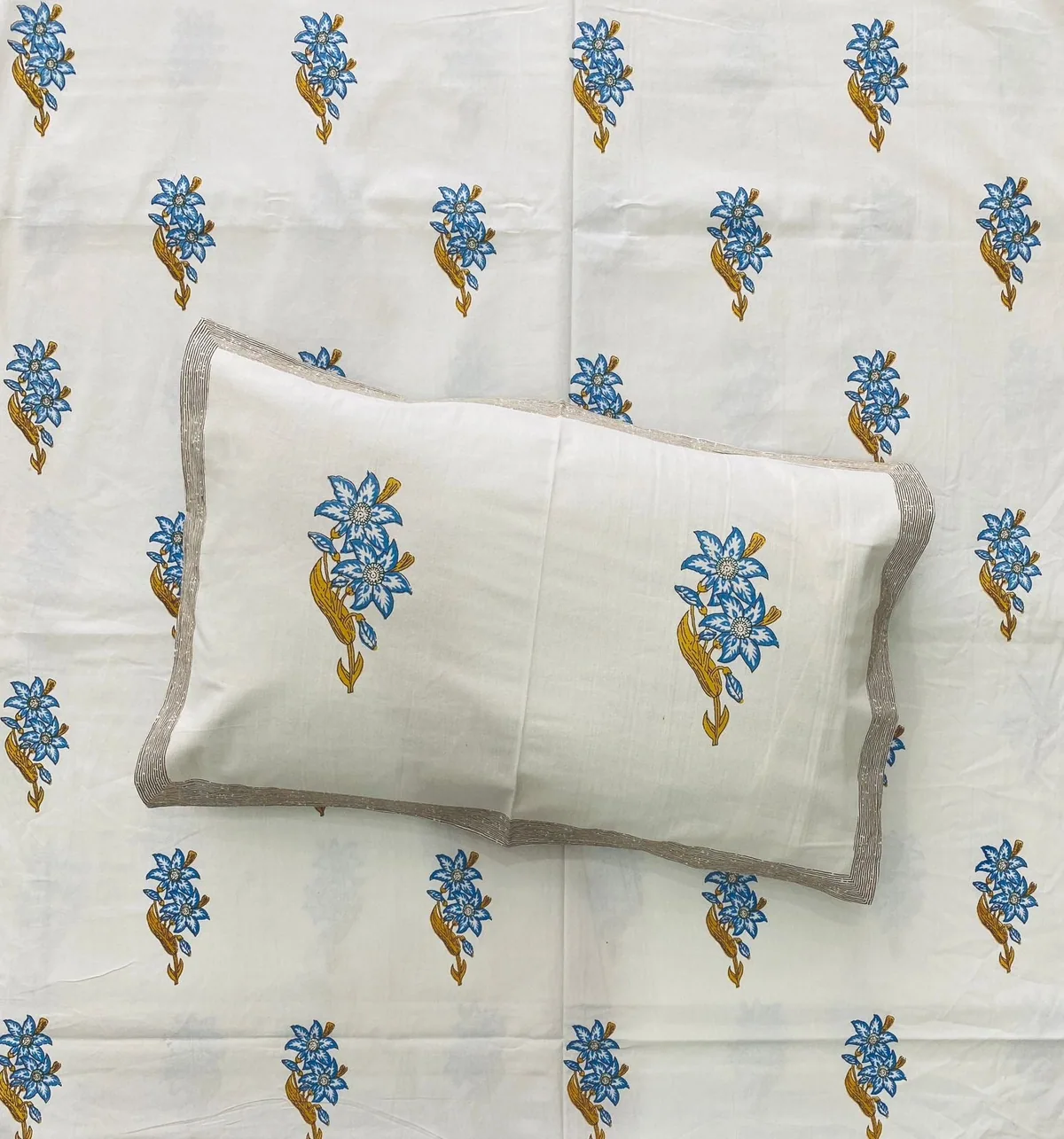 Full view of blue floral bedsheet